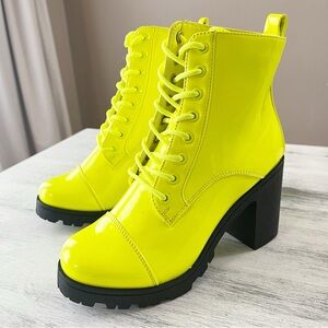 Qupid Neon Patent Lace Up Boots